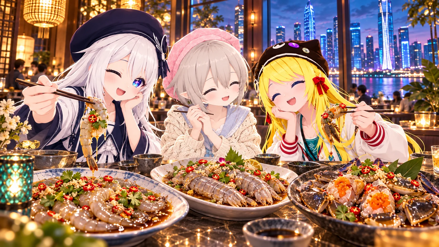 三人で海老・シャコ・蟹の生腌を囲む、潮汕料理のイメージイラスト