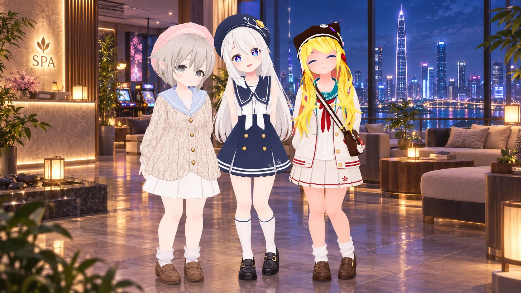 夜景が見える温かな屋内ラウンジに、元の髪色・帽子・衣装をもとに描いた三人が並ぶ夜遊びイメージ